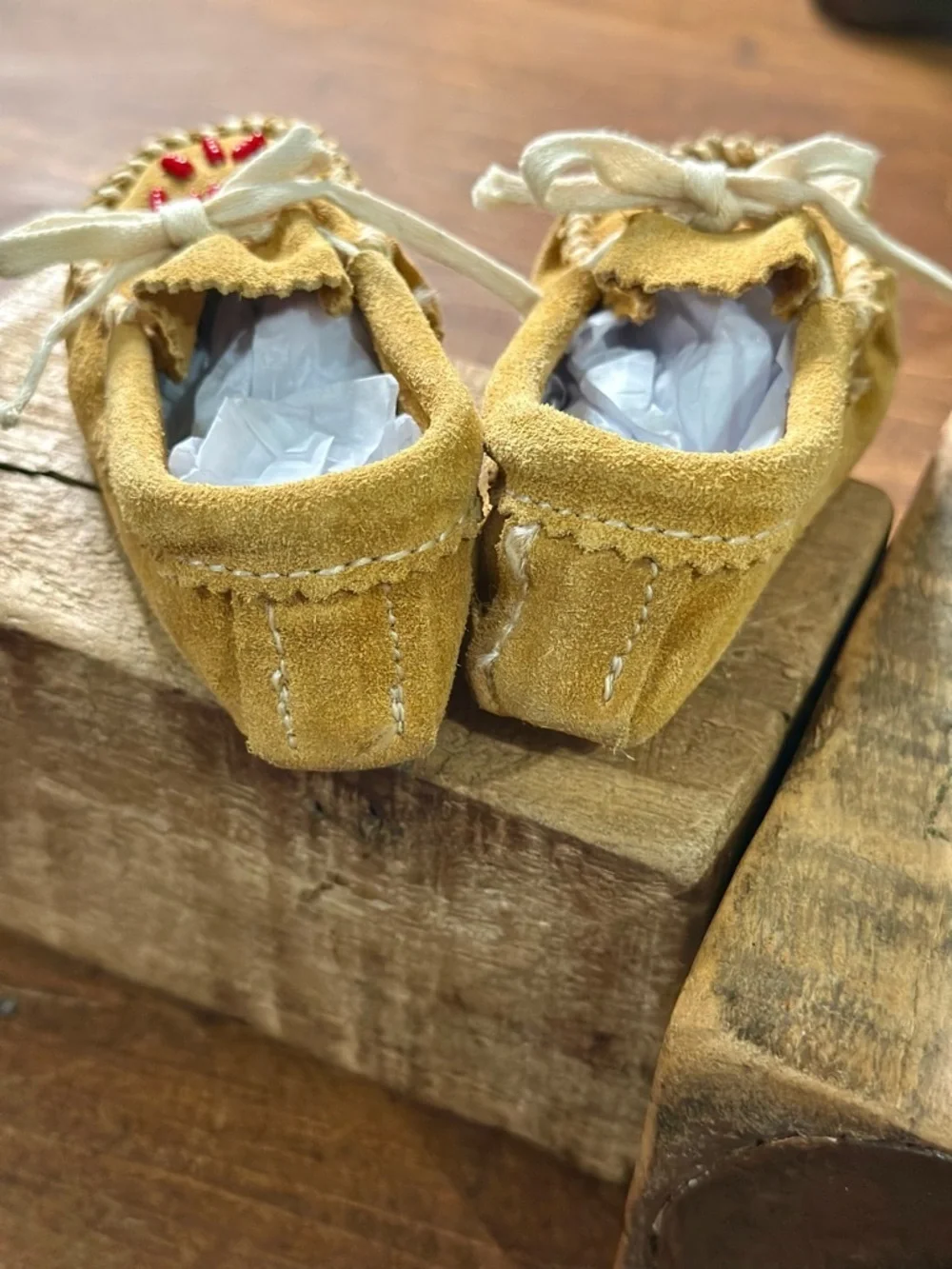 Vintage Leather Baby Moccasins Tan and White Size 3 and 1